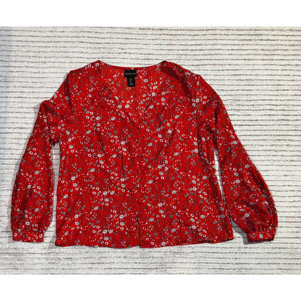 Rachel Zoe Red Floral Button Down V-Neck Blouse Long Sleeve Top Womens Large